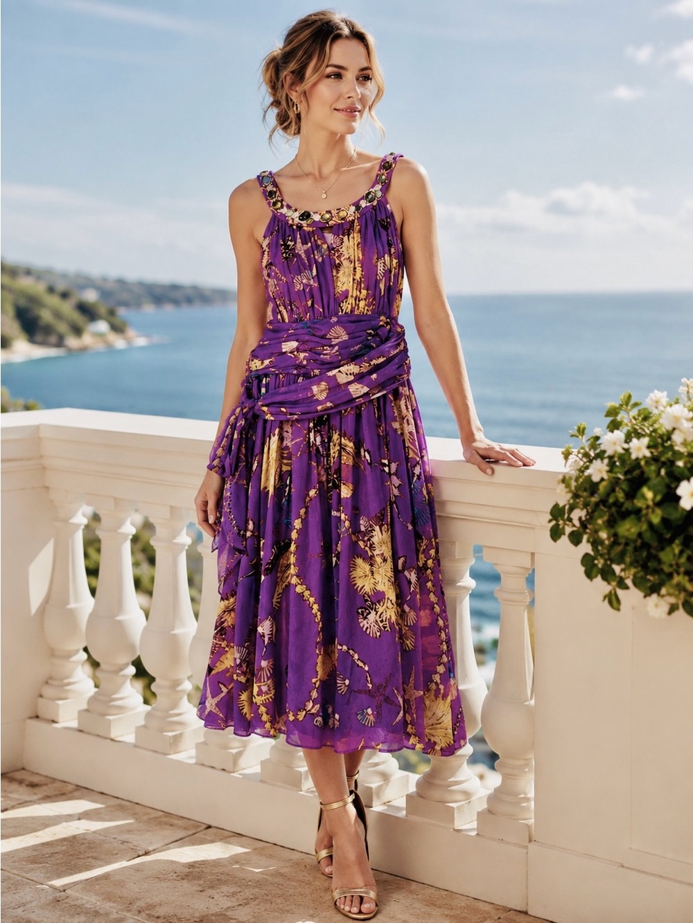 Nine West Lavender Jeweled Neckline Chiffon High-Low Midi Dress Size 10 NWT